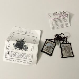 Catholic Brown Scapular Handmade USA Wool Crucifix & St Benedict Medal
